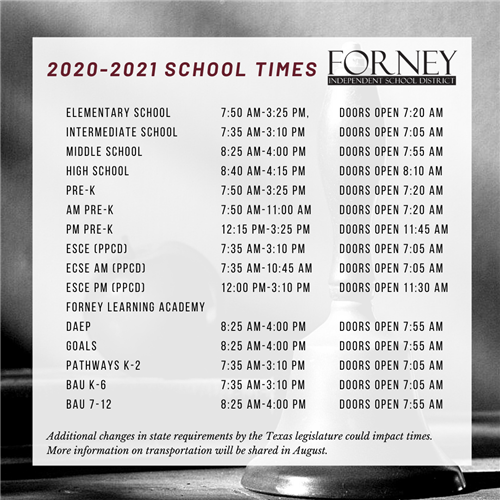 forney isd calendar 2021 School Start And End Times 2020 2021 forney isd calendar 2021